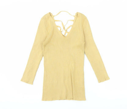 Le Château Women's Yellow Ribbed Knit V-Neck Strappy Long Sleeve Blouse Size S
