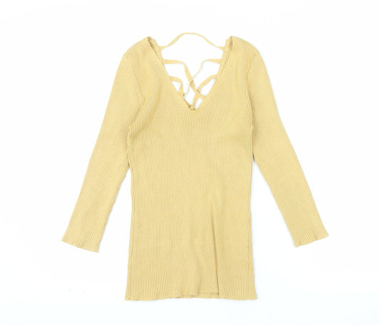 Le Château Women's Yellow Ribbed Knit V-Neck Strappy Long Sleeve Blouse Size S