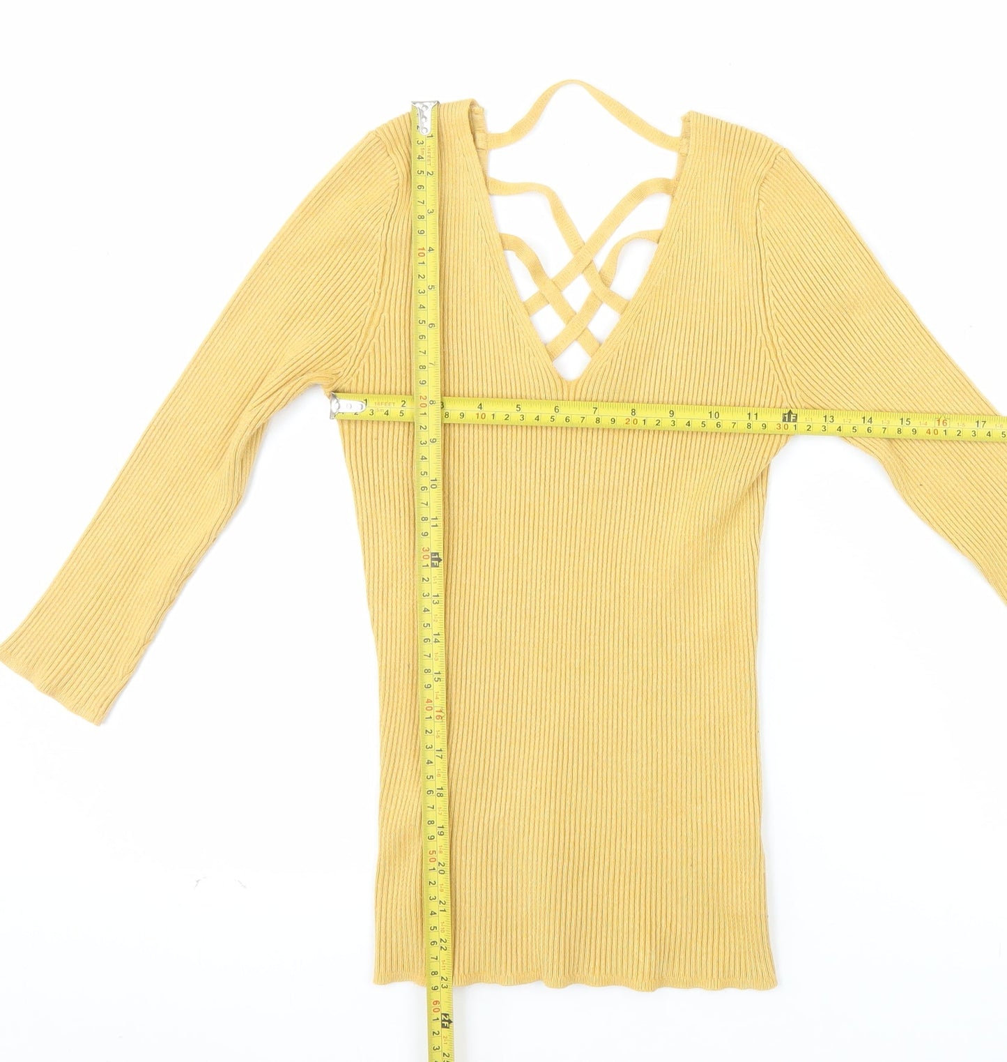 Le Château Women's Yellow Ribbed Knit V-Neck Strappy Long Sleeve Blouse Size S