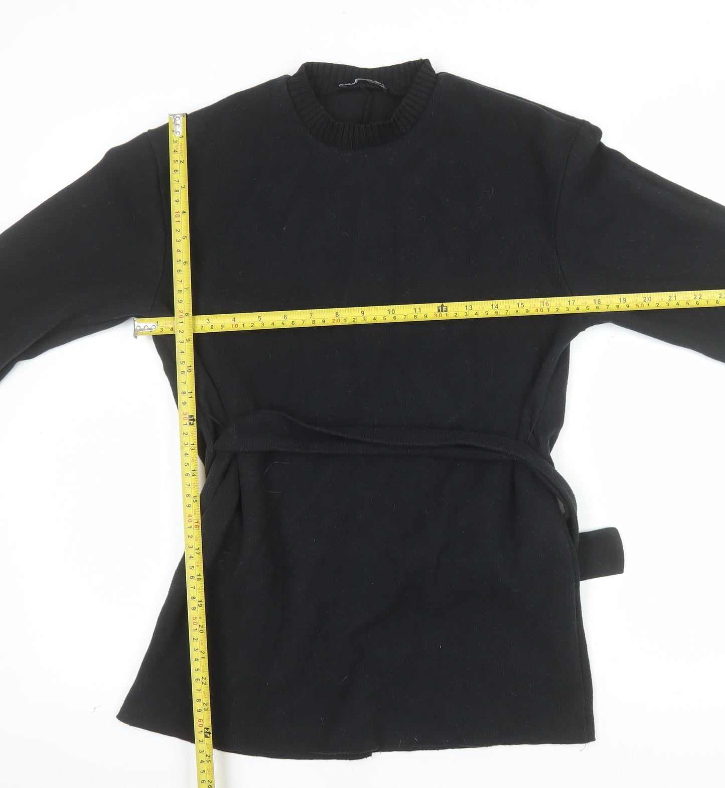 Zara Women Black Belted Shift Dress Size S Long Sleeve Classic