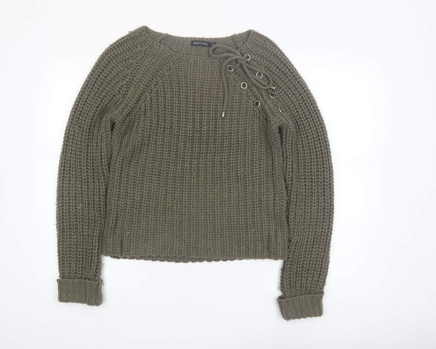 Brave Soul Women Green Chunky Knit Lace-Up Pullover Jumper Size S