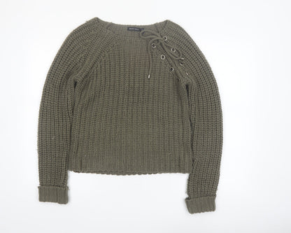 Brave Soul Women Green Chunky Knit Lace-Up Pullover Jumper Size S
