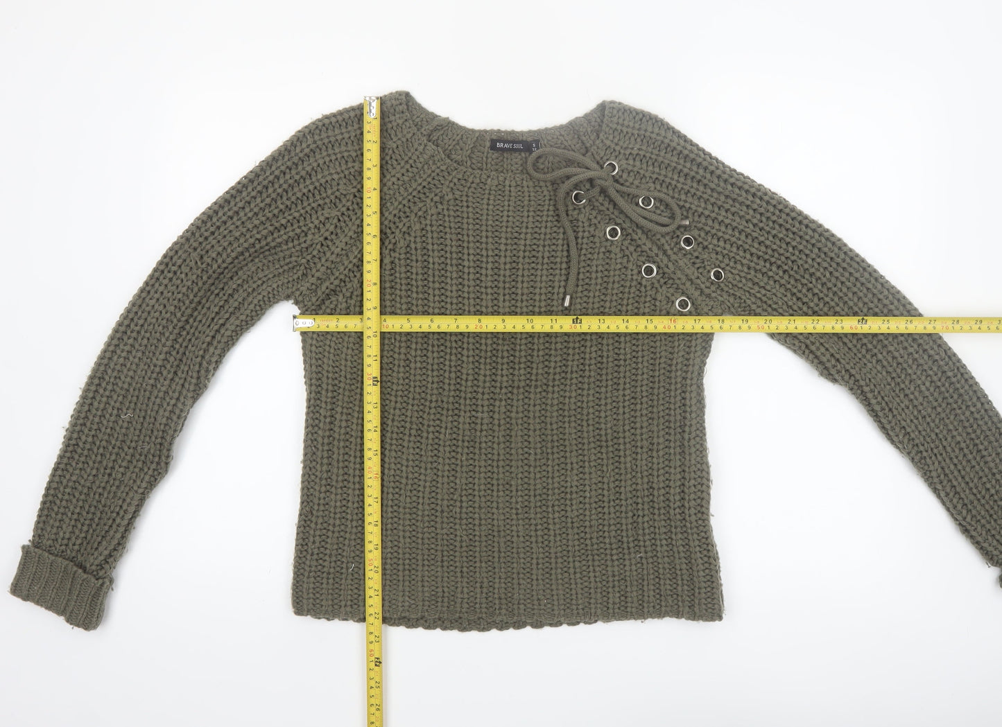Brave Soul Women Green Chunky Knit Lace-Up Pullover Jumper Size S