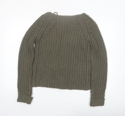 Brave Soul Women Green Chunky Knit Lace-Up Pullover Jumper Size S