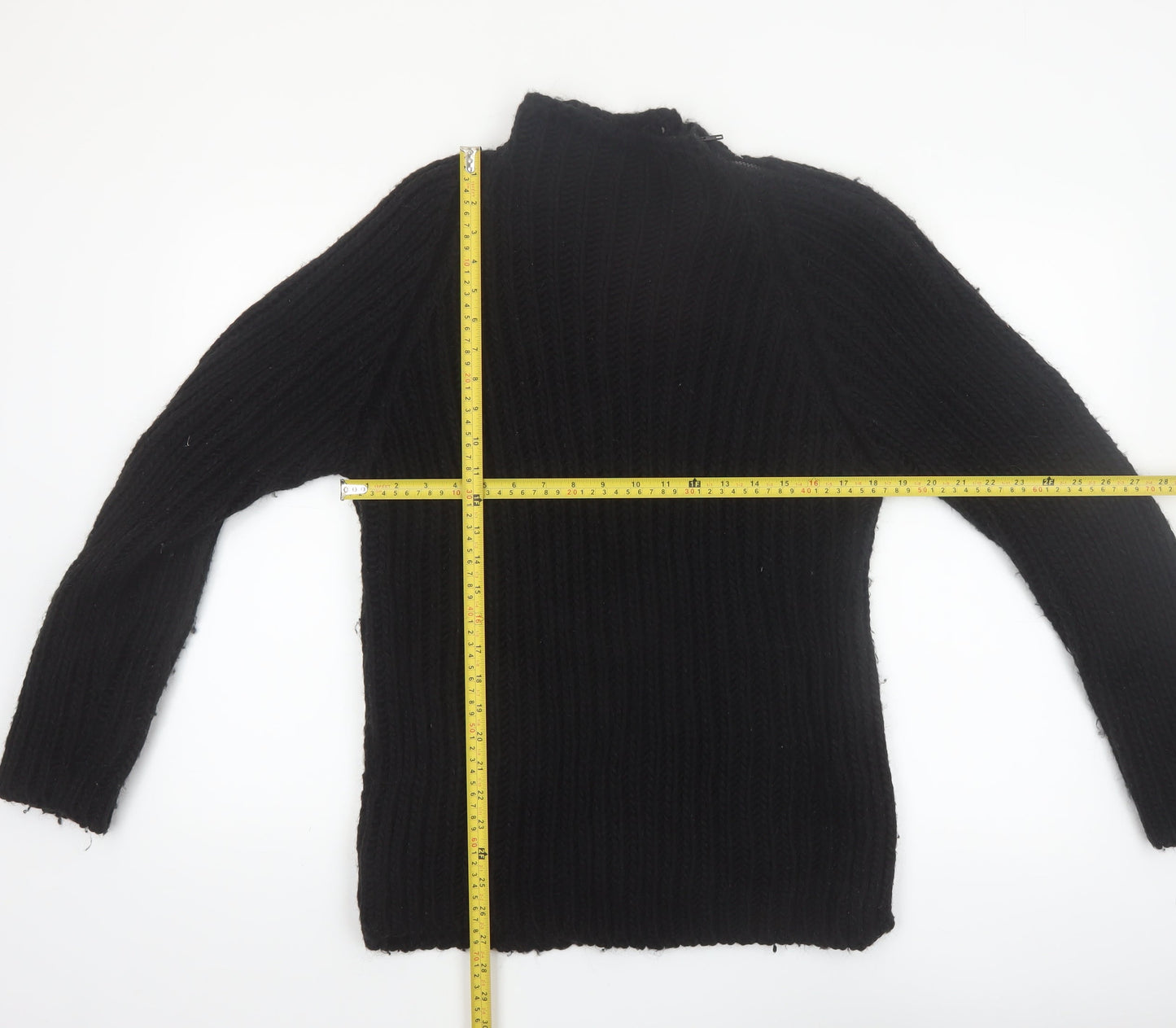 Zara Women Black Wool Blend Mock Neck Chunky Knit Pullover Jumper Size 14