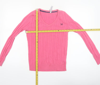 Crew Clothing Co Women Pink Cable-Knit V-Neck Jumper Size 8 Cotton
