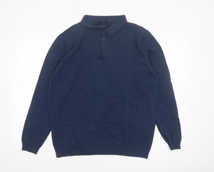 George Mens Blue Collared Henley Cotton Jumper Size L