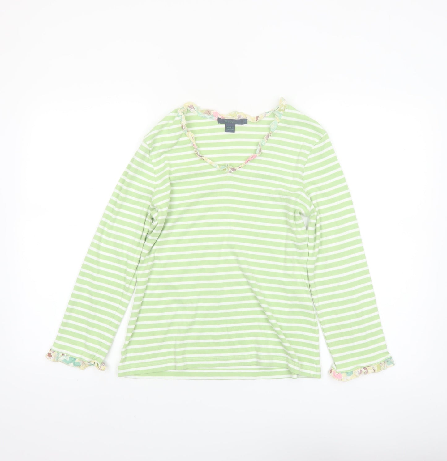 Boden Womens Green White Striped Long Sleeve Cotton T-Shirt Size 14