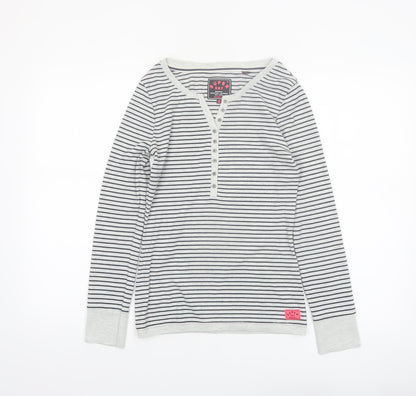 Superdry Women White Striped Henley Long Sleeve Jersey Top S