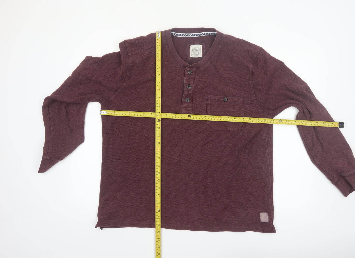 FatFace Men's Brown Cotton Long Sleeve Henley XL Regular Fit