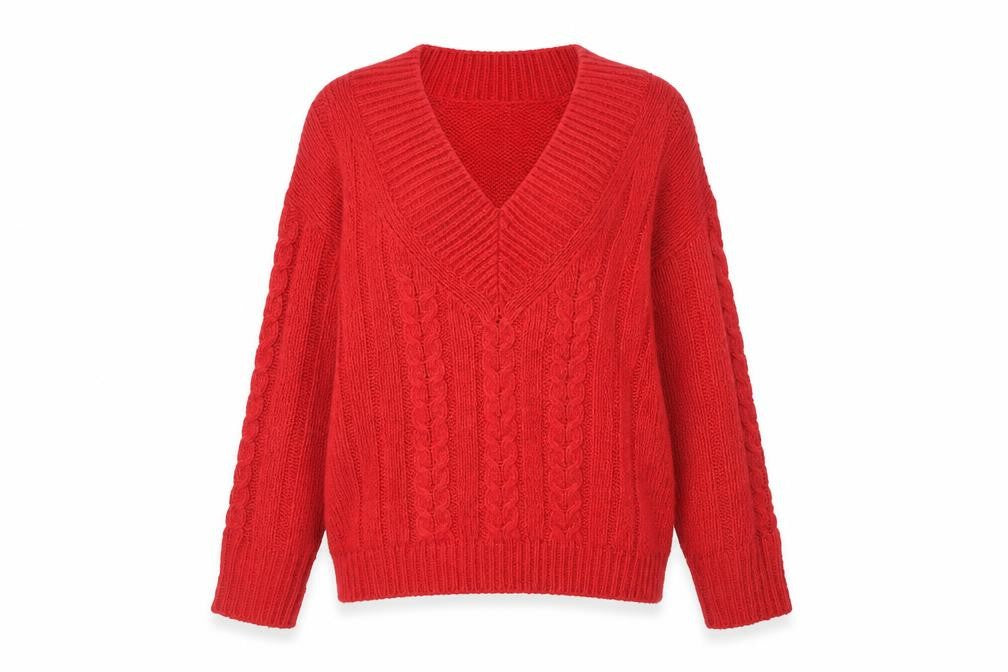 Amara Reya Women's Red Cable-Knit V-Neck Jumper Size 10