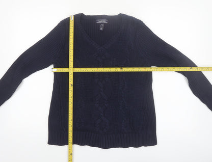 Lands' End Women's Blue Cable-Knit Cotton V-Neck Jumper XS