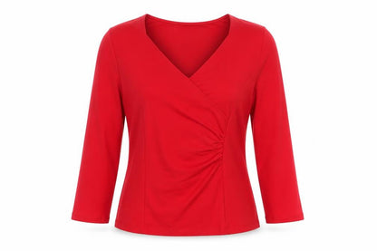 Precis Women Red Wrap V-Neck 3/4 Sleeve Jersey Blouse M