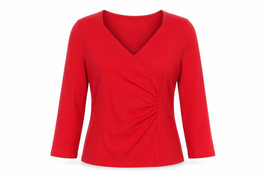 Precis Women Red Wrap V-Neck 3/4 Sleeve Jersey Blouse M