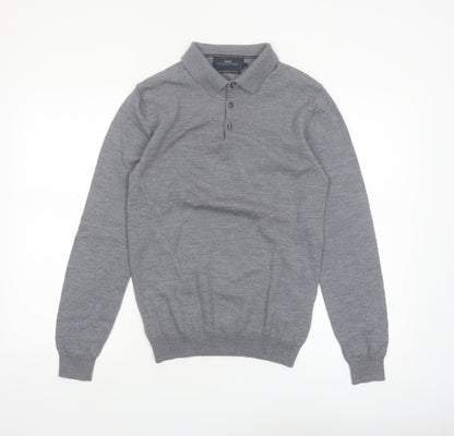 Next Men Grey Merino Wool Collared Henley Jumper Size S