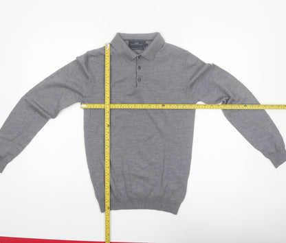Next Men Grey Merino Wool Collared Henley Jumper Size S