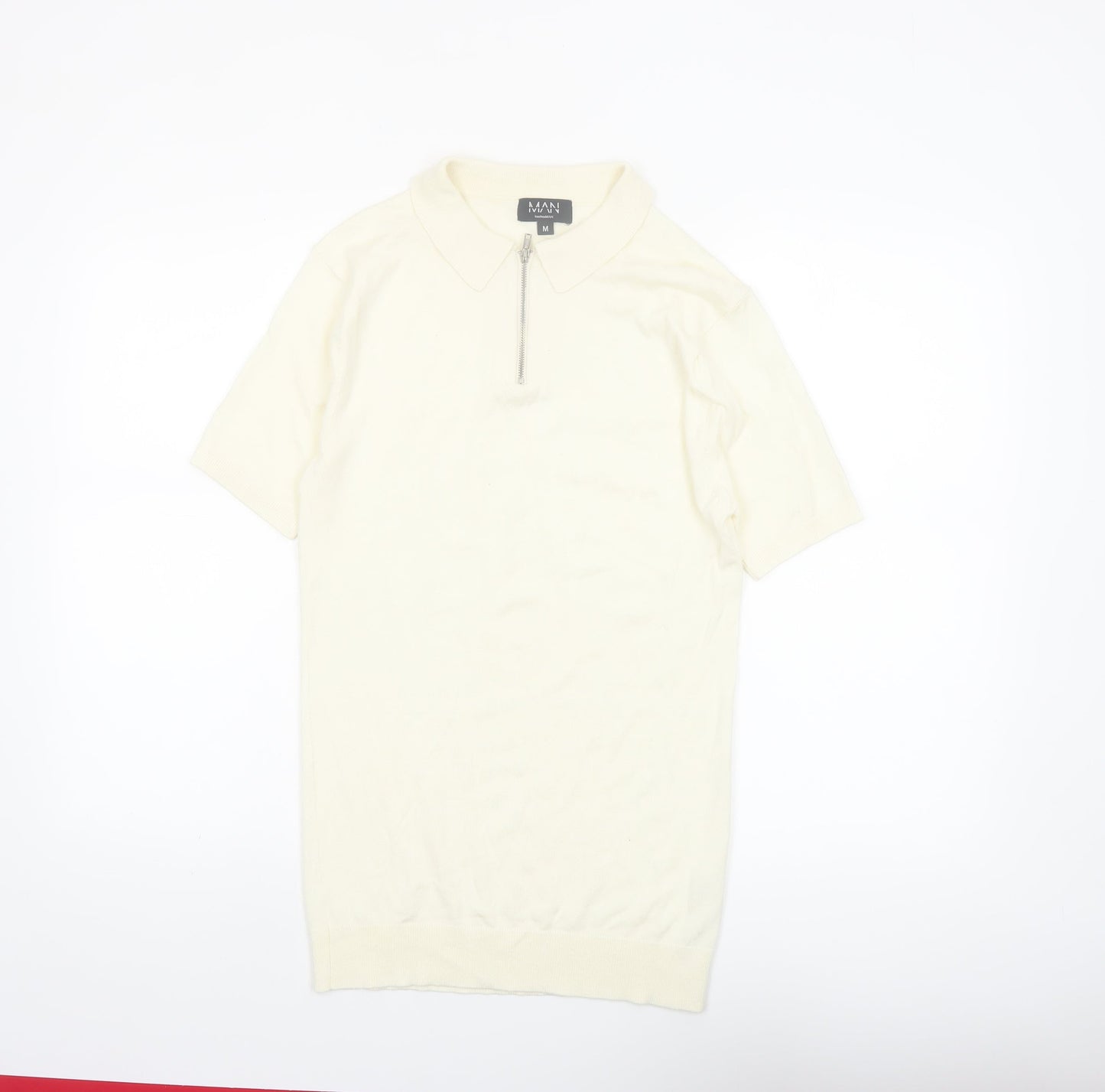 boohooMAN Ivory Zip Neck Short Sleeve Polo Shirt Men M