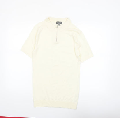 boohooMAN Ivory Zip Neck Short Sleeve Polo Shirt Men M