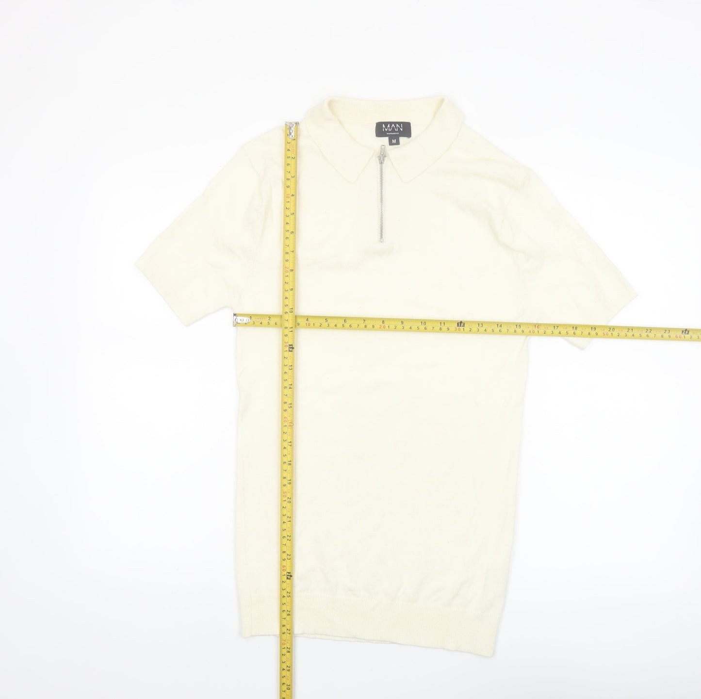 boohooMAN Ivory Zip Neck Short Sleeve Polo Shirt Men M