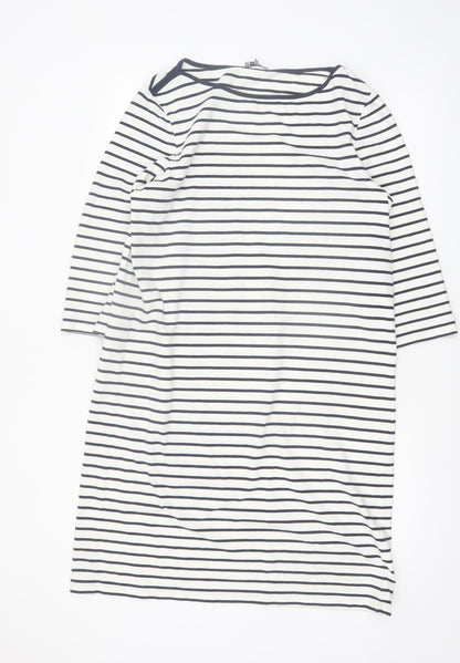 Jaeger Women’s White Navy Striped Shift Dress L 3/4 Sleeve Cotton