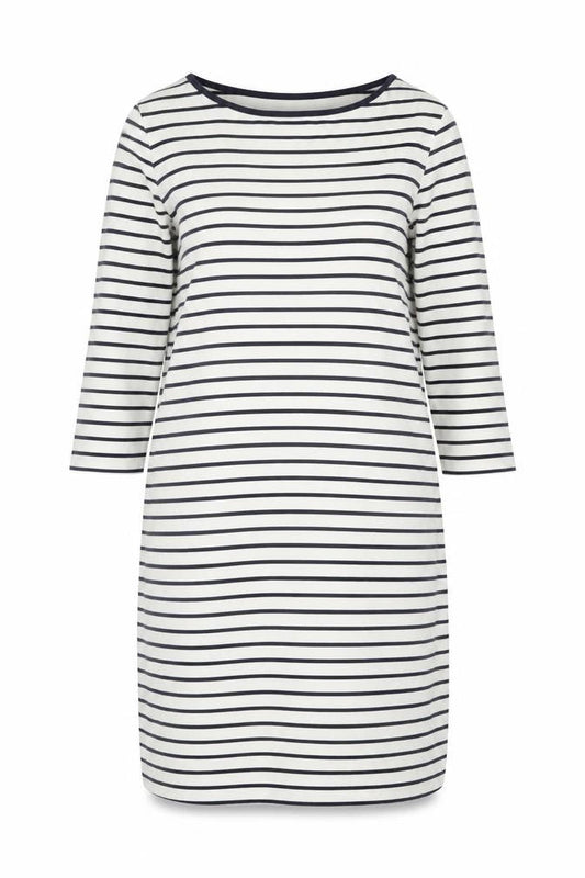 Front view of Jaeger Women’s White Navy Striped Shift Dress L 3/4 Sleeve Cotton