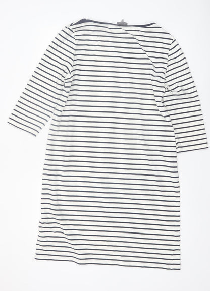 Jaeger Women’s White Navy Striped Shift Dress L 3/4 Sleeve Cotton