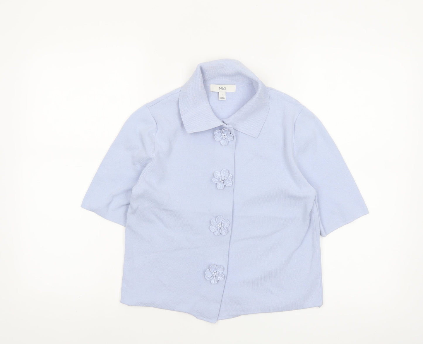 Marks and Spencer Women’s Blue Short Sleeve Button-Up Knit Top S