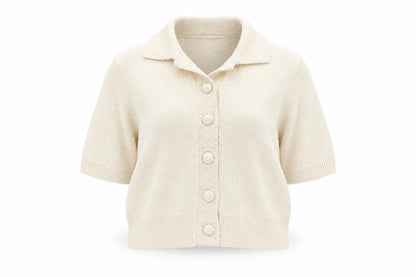 Marks & Spencer Women’s Beige Knit Short Sleeve Collared Button-Up Top Size S