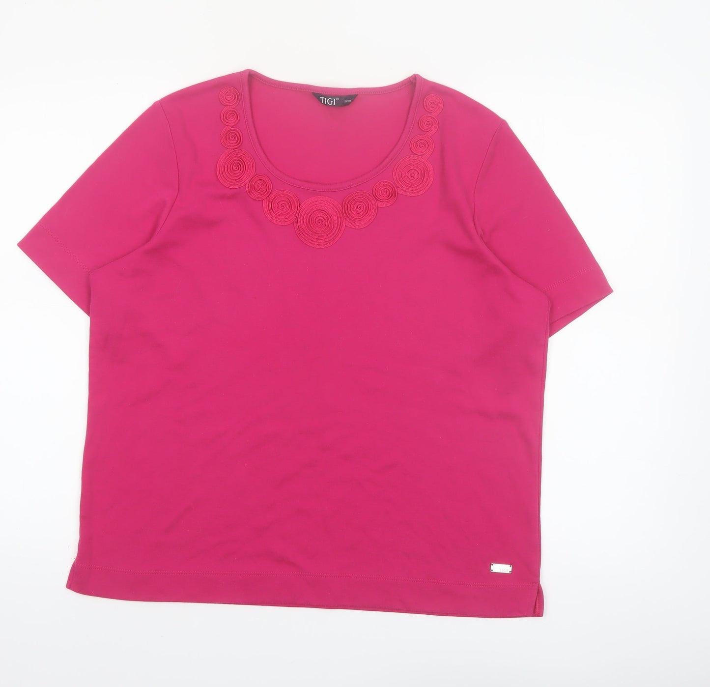 TIGI Womens Pink Short Sleeve Embroidered Round Neck T-Shirt Size 18/20