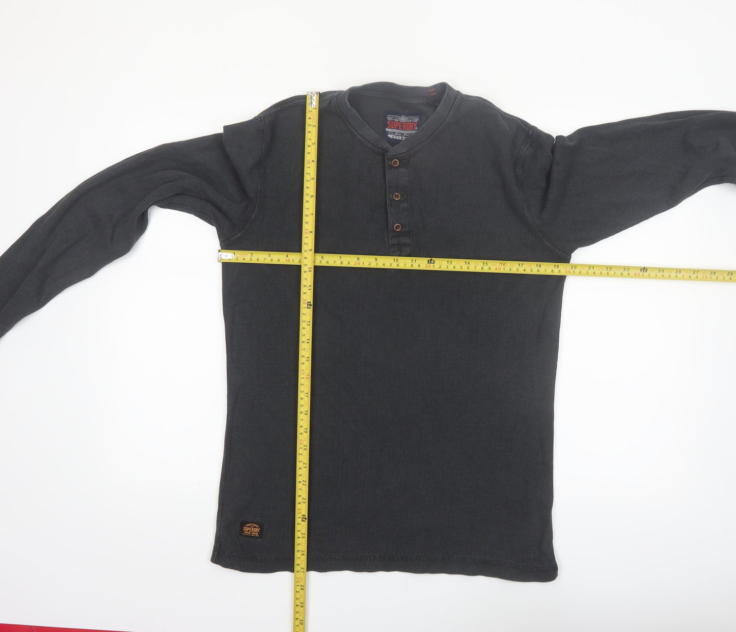 Superdry Men’s Black Henley Long Sleeve Cotton T-Shirt Size S