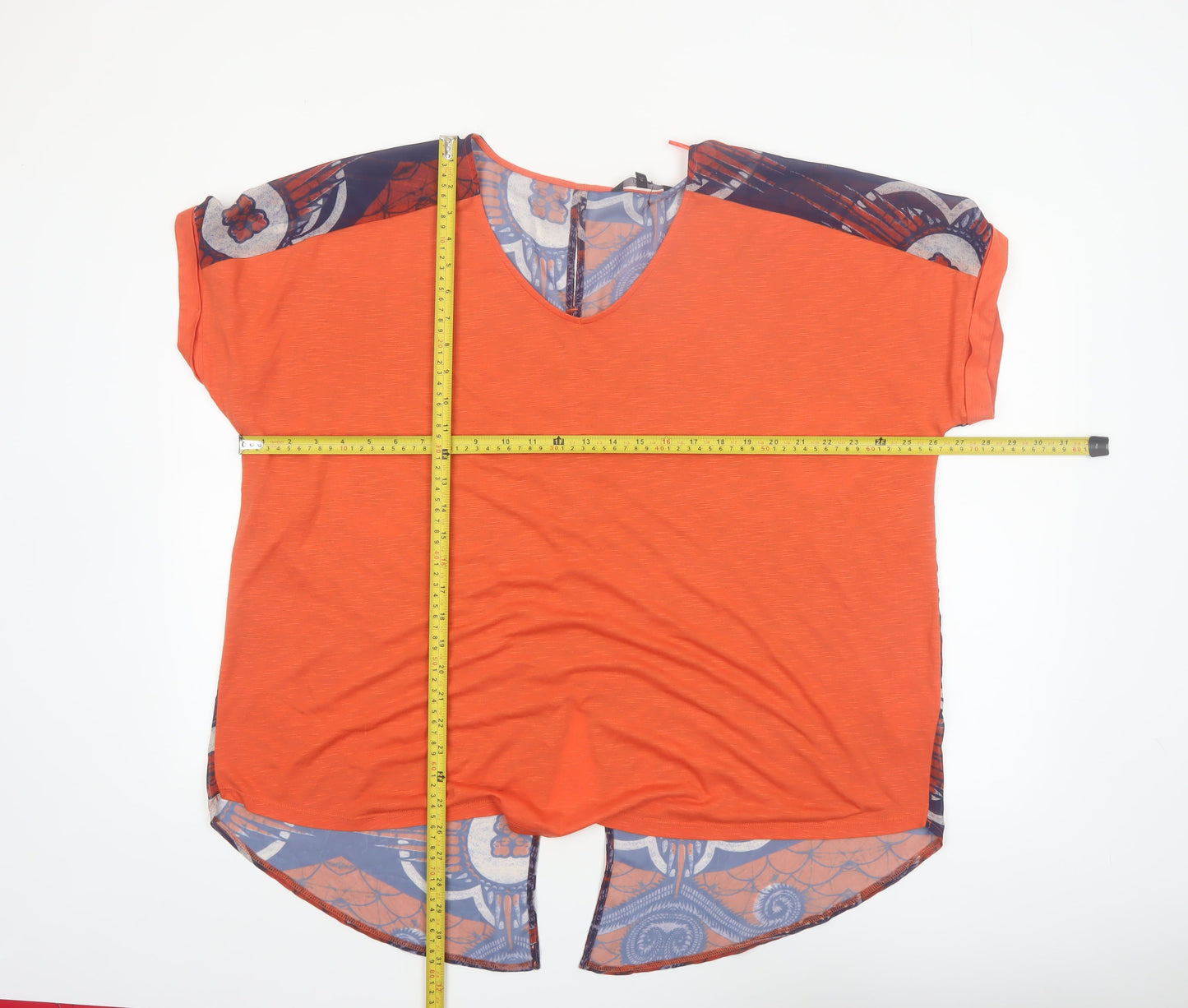 Next Women Orange Geometric Tunic Blouse Size 22 V-Neck Short Sleeve