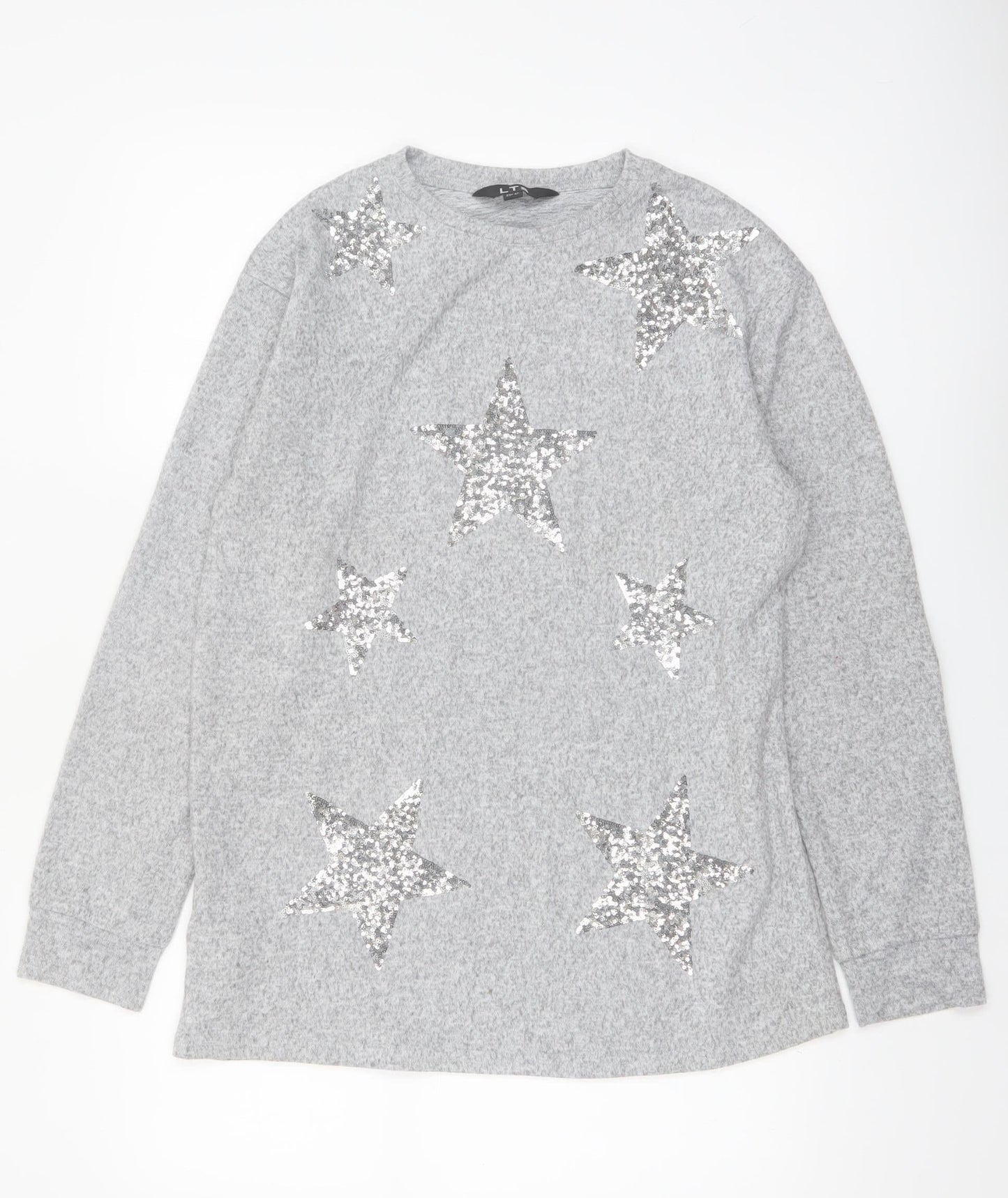 LTS Women's Grey Sequin Star Long Sleeve Tall Jersey Top UK 12