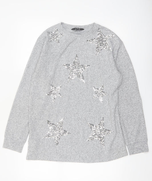 LTS Women's Grey Sequin Star Long Sleeve Tall Jersey Top UK 12