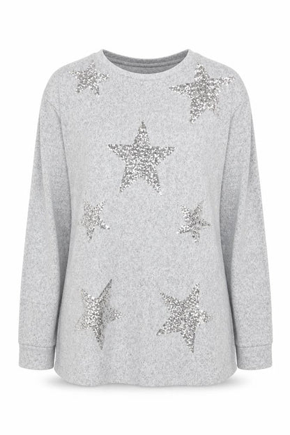 LTS Women's Grey Sequin Star Long Sleeve Tall Jersey Top UK 12
