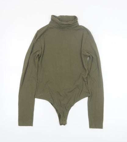 Boohoo Women Khaki Long Sleeve Bodysuit UK 10 Cotton Stretch