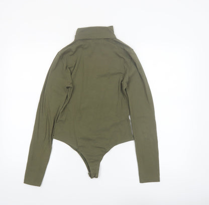 Boohoo Women Khaki Long Sleeve Bodysuit UK 10 Cotton Stretch