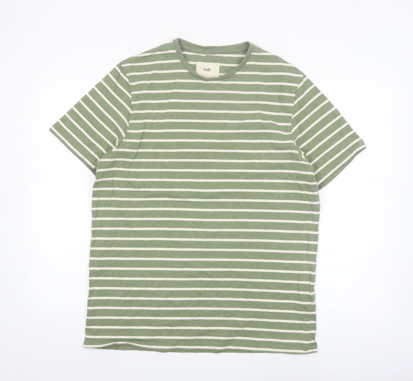 Folk Men’s Green White Striped Crew Neck Cotton T-Shirt Size L