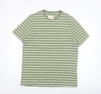 Folk Men’s Green White Striped Crew Neck Cotton T-Shirt Size L