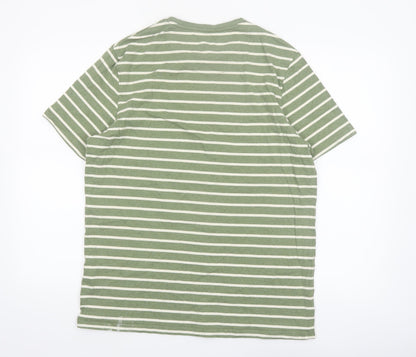 Folk Men’s Green White Striped Crew Neck Cotton T-Shirt Size L