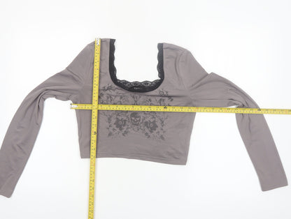 Cider Women Grey Cropped Lace Scoop Neck Long Sleeve T-Shirt Size S