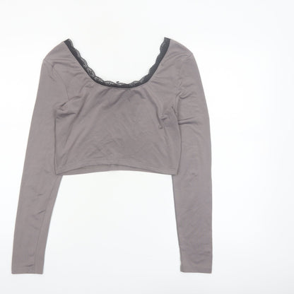 Cider Women Grey Cropped Lace Scoop Neck Long Sleeve T-Shirt Size S