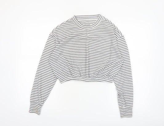 Hollister Women’s Grey Striped Cropped Long Sleeve Jersey T-Shirt Size S