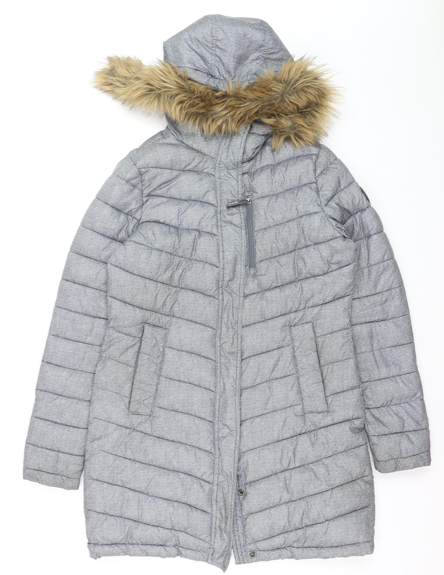 Superdry Women Grey Faux Fur Hooded Long Puffer Coat Size 12