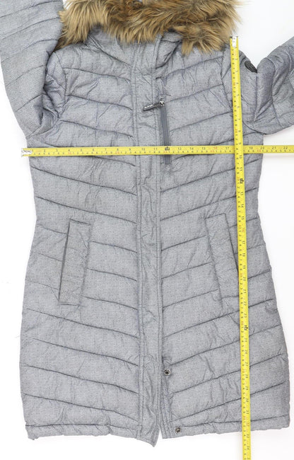 Superdry Women Grey Faux Fur Hooded Long Puffer Coat Size 12
