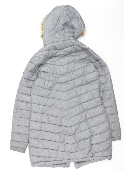 Superdry Women Grey Faux Fur Hooded Long Puffer Coat Size 12