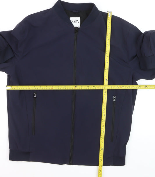 Zara Men Navy Blue Bomber Jacket XL Nylon Zip Pockets Casual