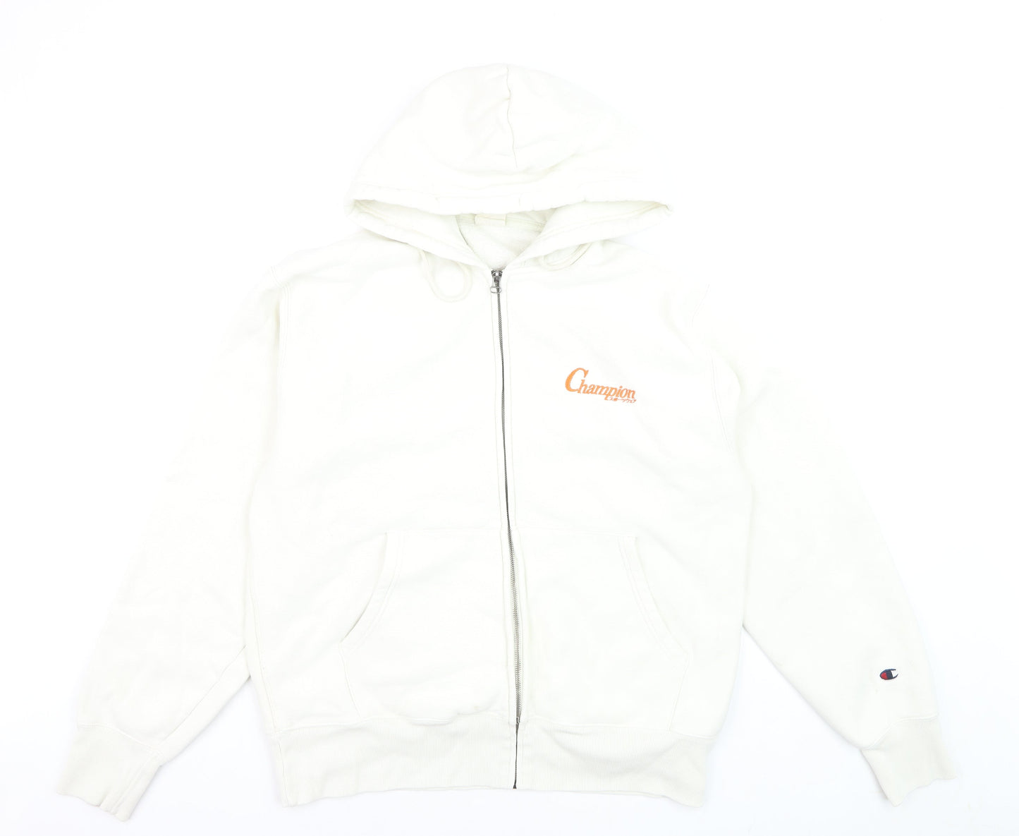 Champion Men's White Full Zip Hoodie Size L Logo Fleece Sweatshirt