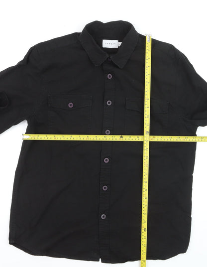 Topman Men's Black Cotton Long Sleeve Regular Fit Button-Up Shirt L