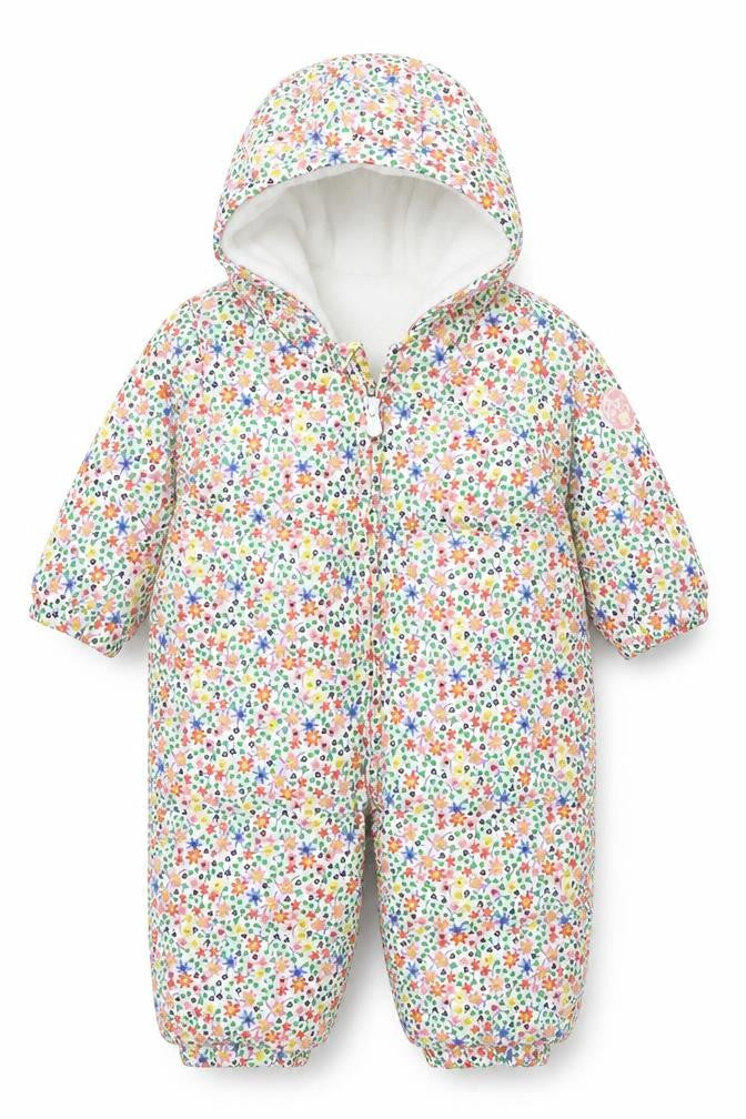 Front view of Baby Gap unisex multicoloured floral puffer snowsuit 12-18 months hooded winter outerwear