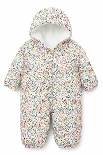 Front view of Baby Gap unisex multicoloured floral puffer snowsuit 12-18 months hooded winter outerwear